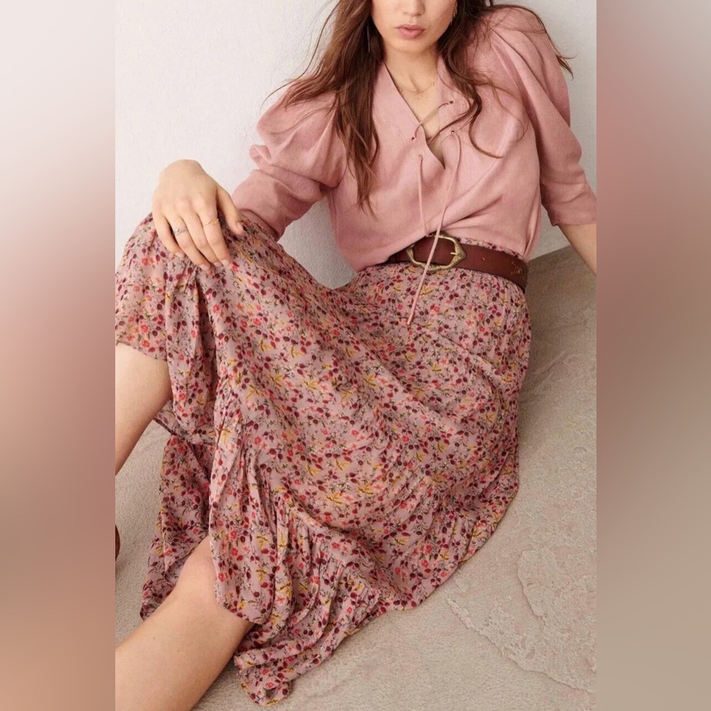 ba&sh Mondar Brown Floral Multi-color Print Midi Skirt Size XS Boho western chic